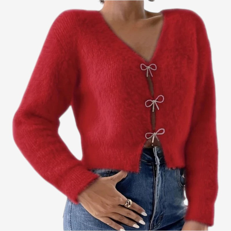 Aysel – Maglione a maniche lunghe con scollo a V e design con fiocco