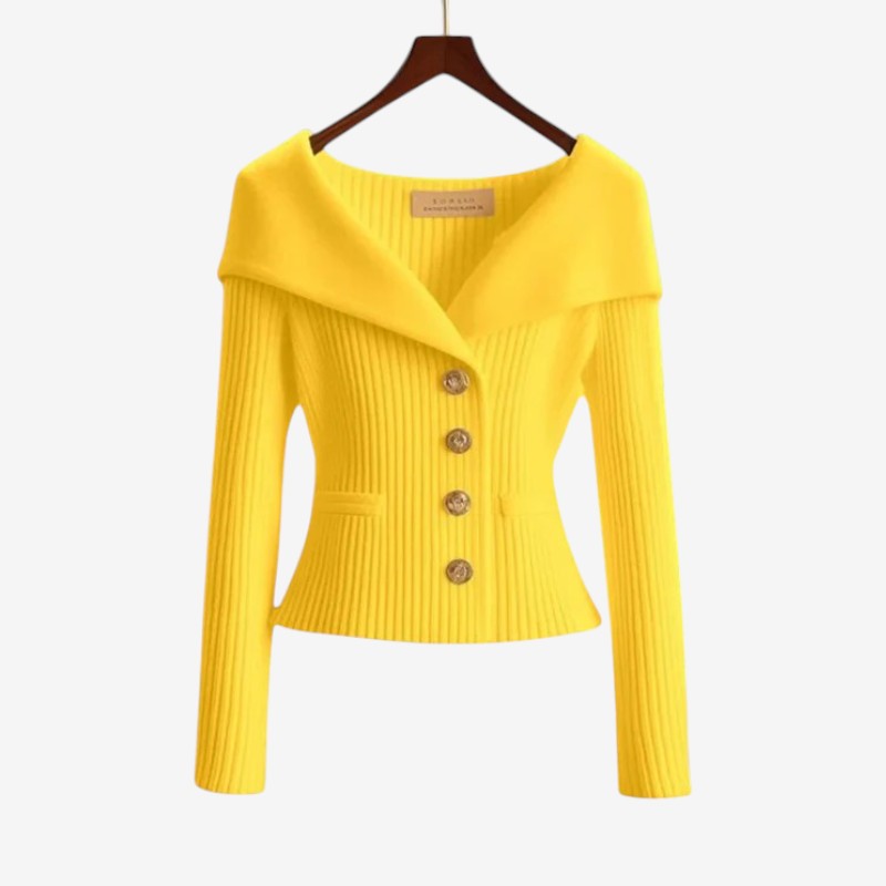 Maglione donna in maglia con bottoni frontali e spalle scoperte, con tasche
