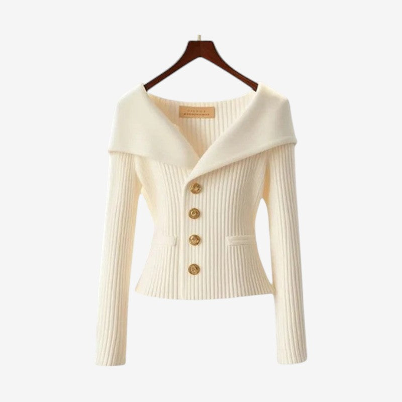 Maglione donna in maglia con bottoni frontali e spalle scoperte, con tasche