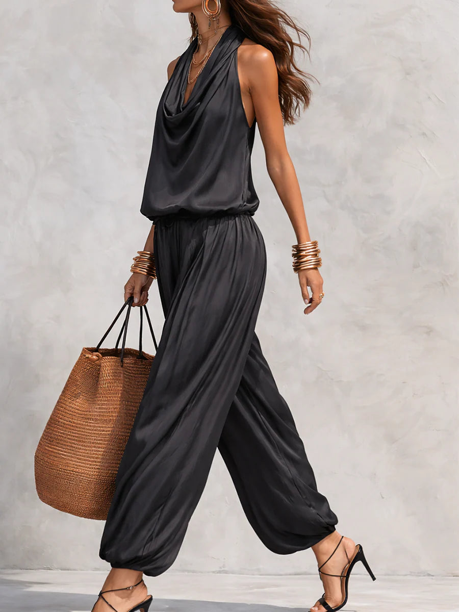 Aurora – Set top senza maniche con collo all'americana e pantaloni plissettati