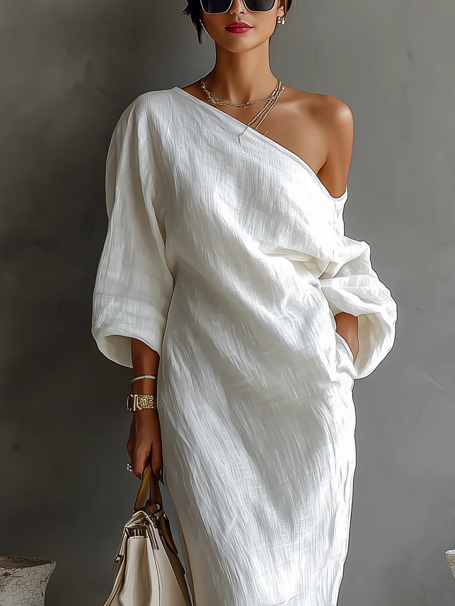 Elise™ | Maxi abito elegante monospalla in bianco