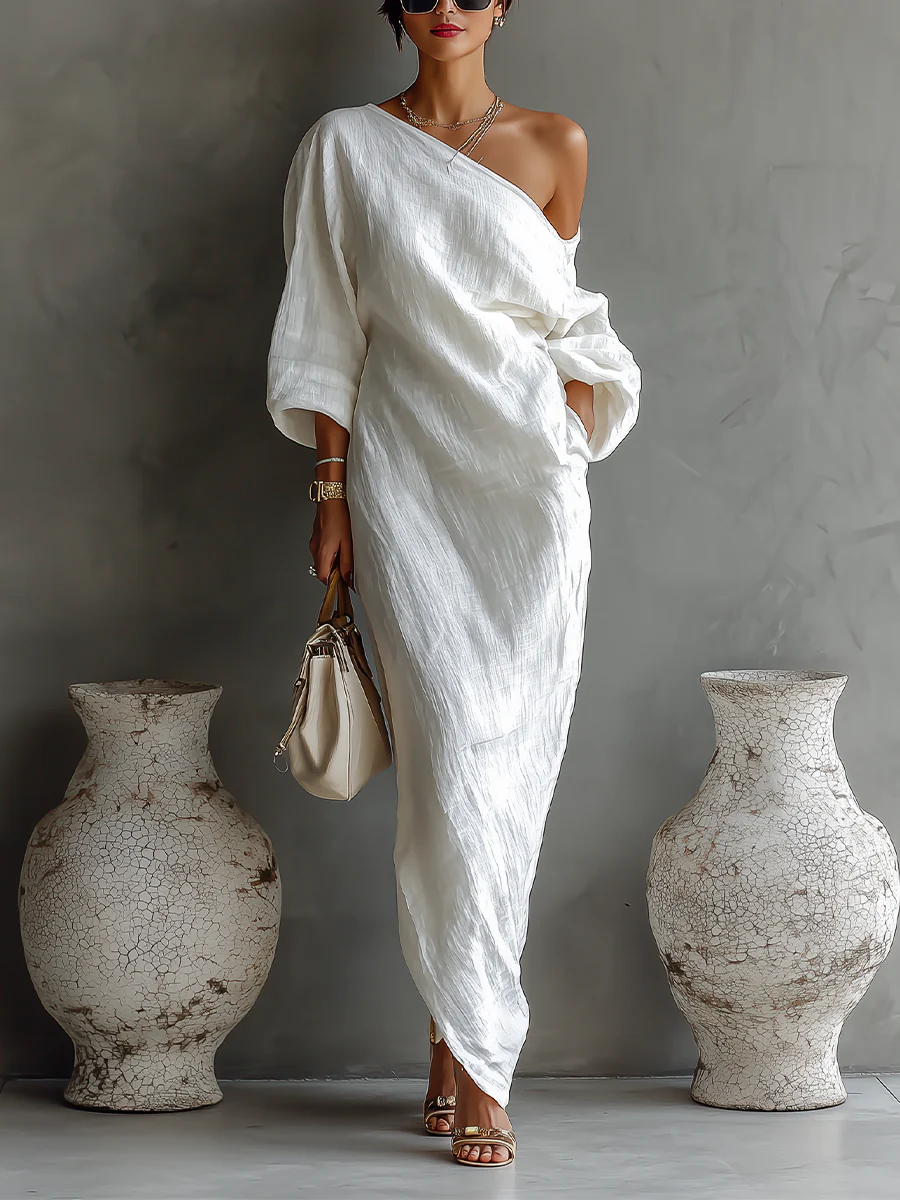 Elise™ | Maxi abito elegante monospalla in bianco