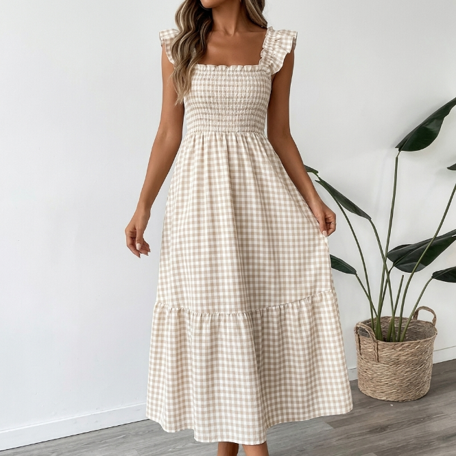 Vera | Vestido maxi de cuadros con escote cuadrado