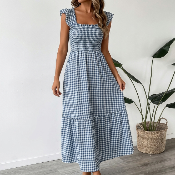 Vera | Vestido maxi de cuadros con escote cuadrado