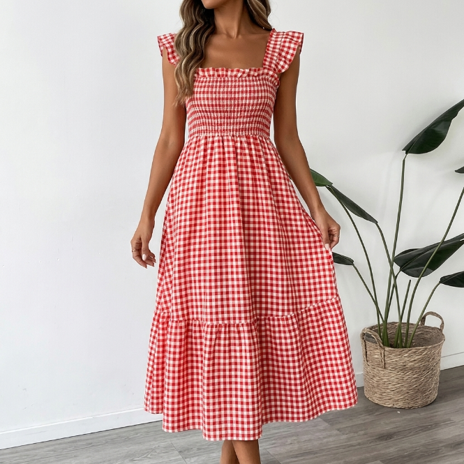 Vera | Vestido maxi de cuadros con escote cuadrado