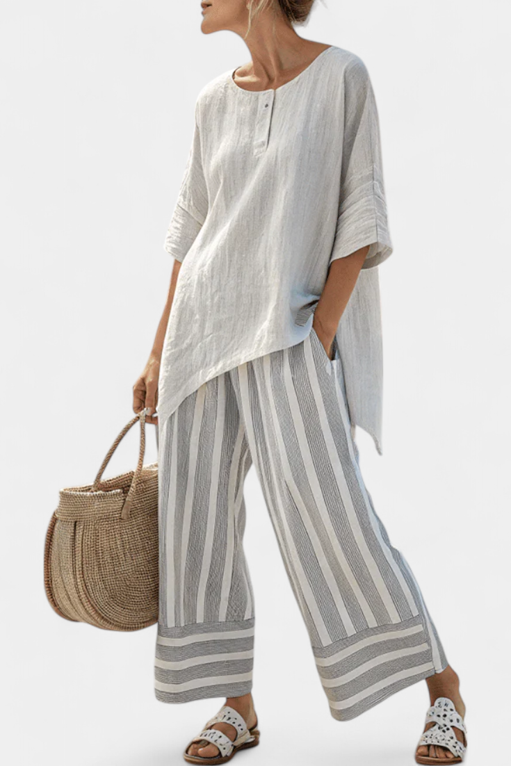 Talvora | camicetta asimmetrica e pantaloni a righe