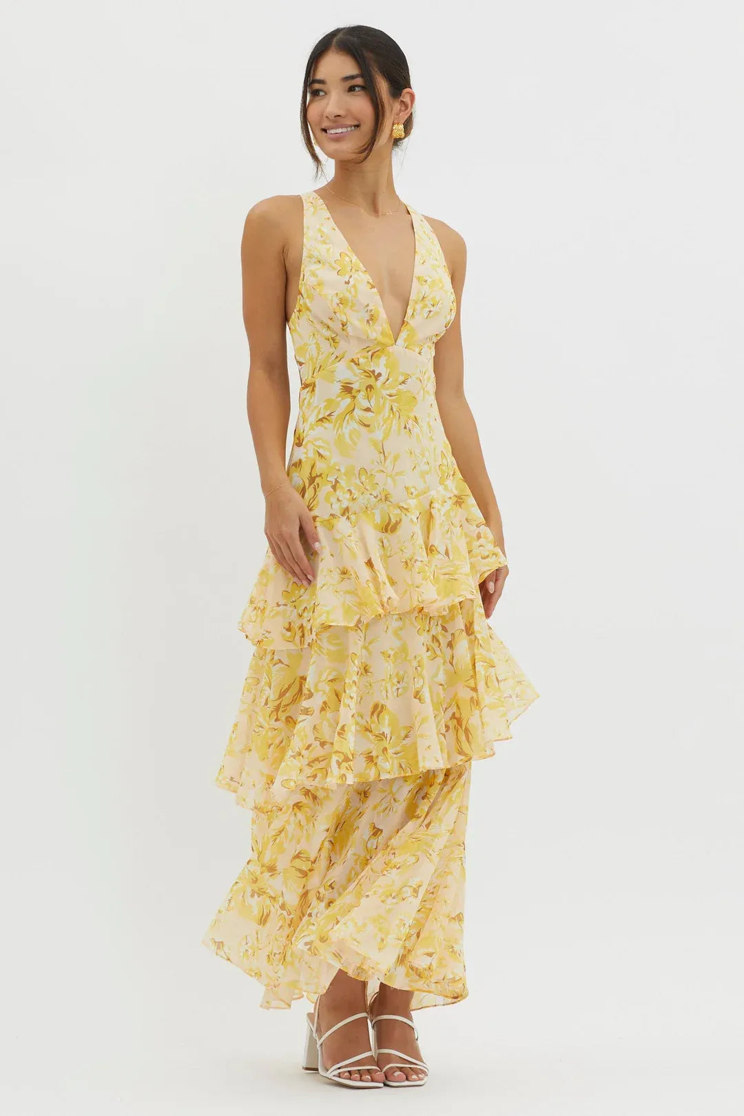 Maya | Vestido largo floral con volantes