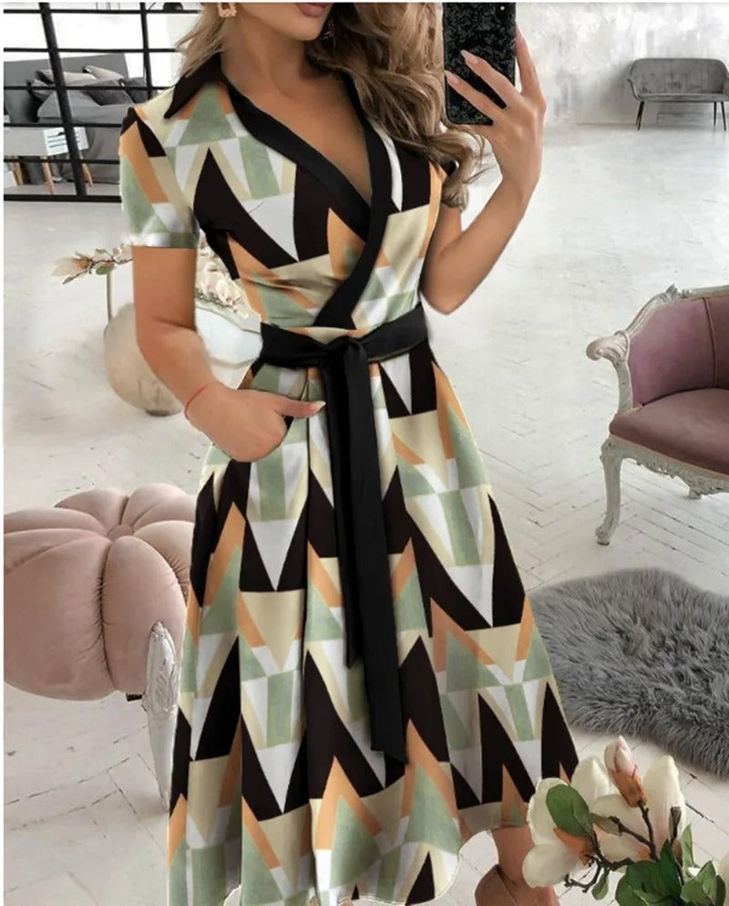 Rita | Vestido midi geométrico con escote en V
