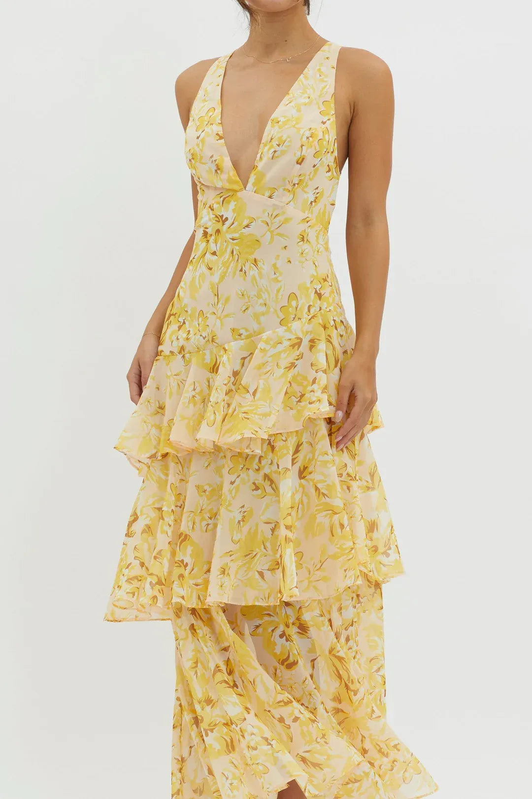 Maya | Vestido largo floral con volantes