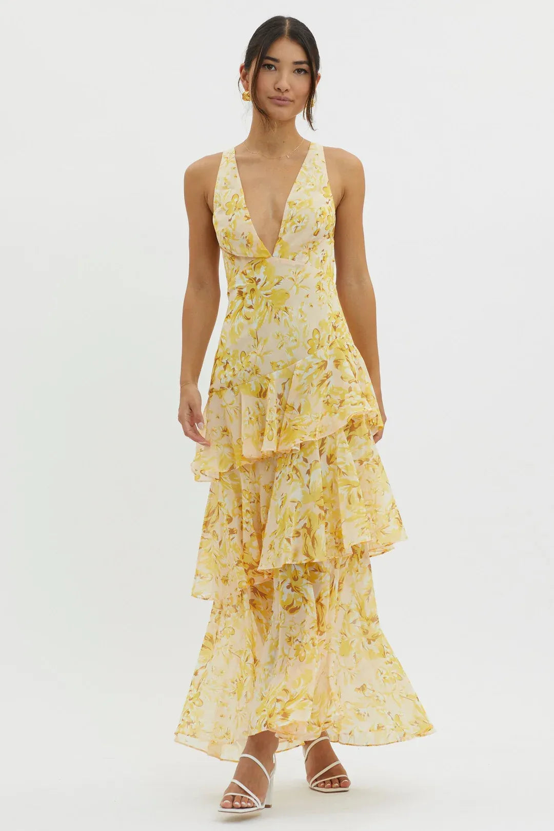 Maya | Vestido largo floral con volantes