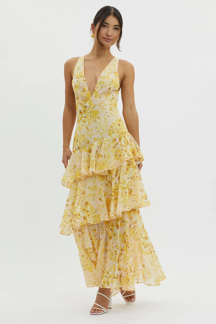 Maya | Vestido largo floral con volantes