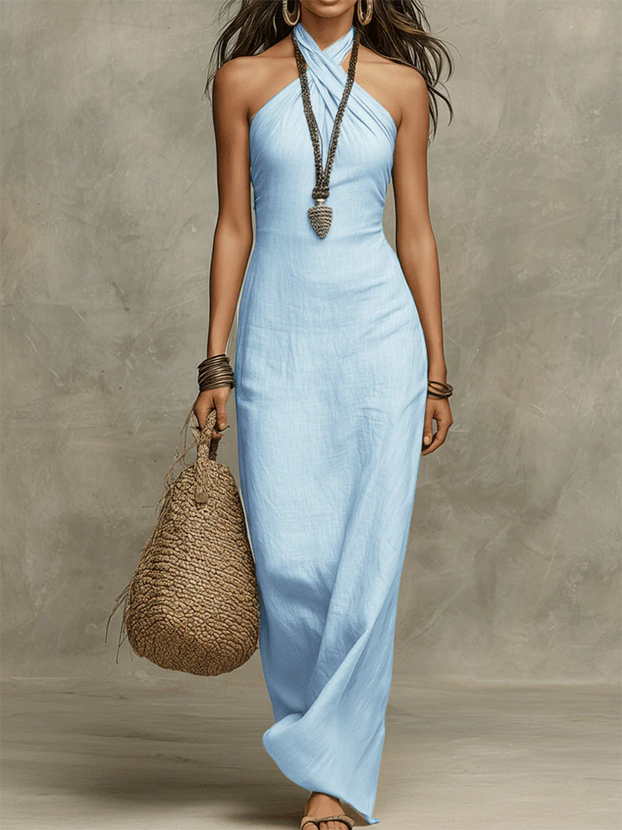 Avelina™ | Abito maxi con scollo all’americana, voluminoso, in cotone e lino