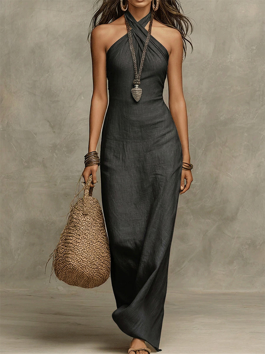Avelina™ | Abito maxi con scollo all’americana, voluminoso, in cotone e lino