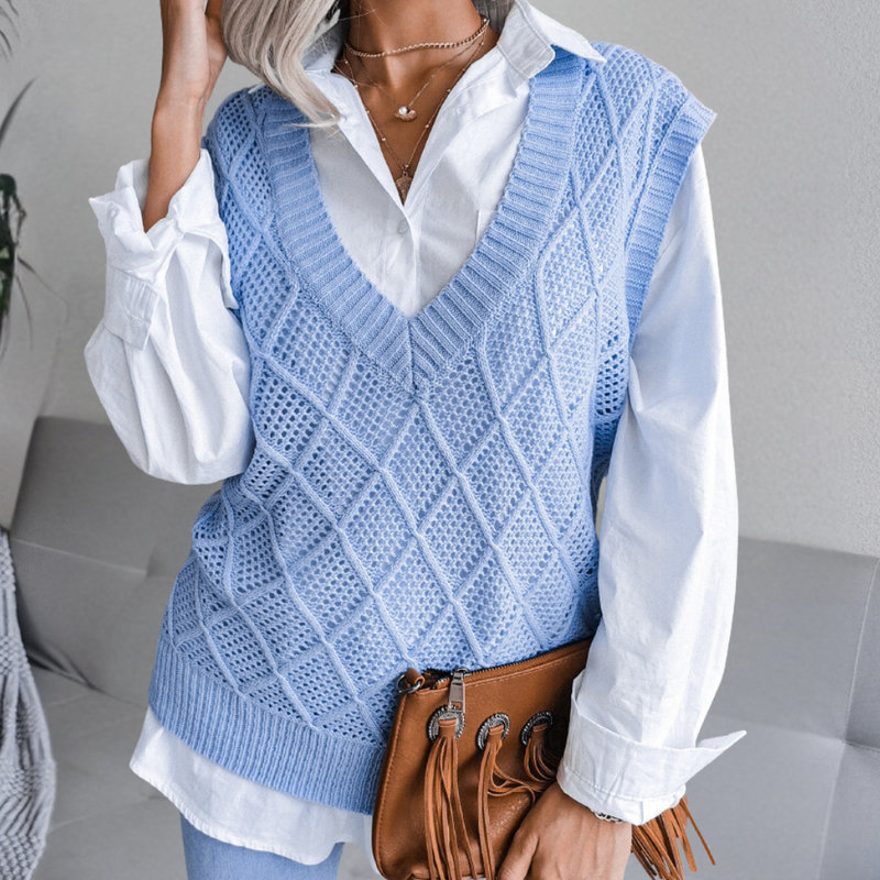 Brinley - Maglione senza maniche con scollo a V e dettagli a coste